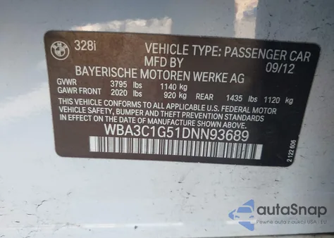 2013 BMW 328I z USA, uszkodzony, nr VIN WBA3C1G51DNN93689